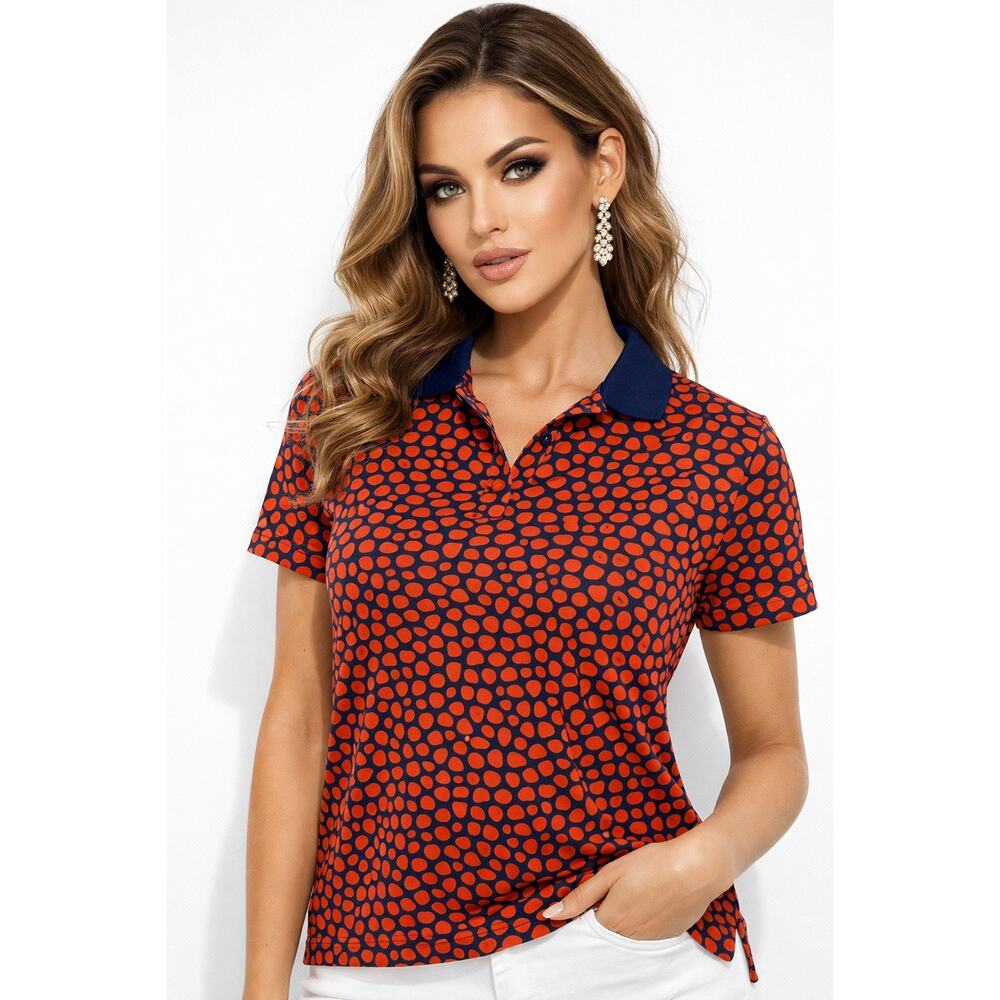 Lands’ End Women’s Polo Shirt Red Navy Heart Print Cotton Stretch Size Medium